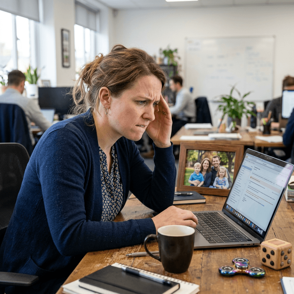 An adult focusing at work